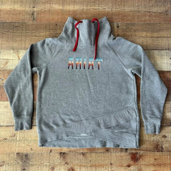 Ariat Womens Size L Gray Pullover Sweatshirt Red Drawstrings Logo Design - Picture 1 of 6